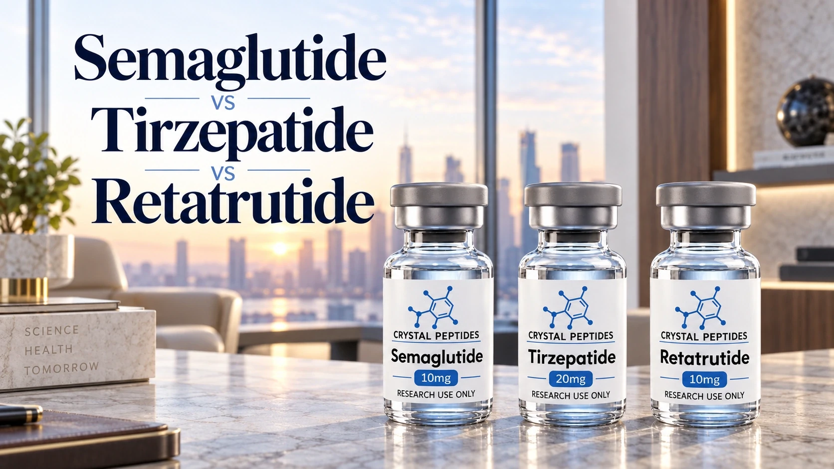 Semaglutide-, Tirzepatide- ja Retatrutide-tutkimuspulloja vertailun otsikon vieressä valoisassa sisätilassa.