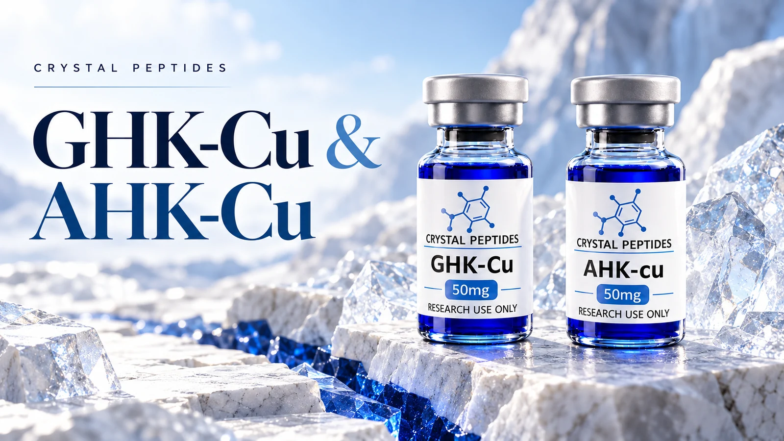 Toimituksellinen tuotekuvitus: GHK-Cu / AHK-Cu — Crystal Peptides.